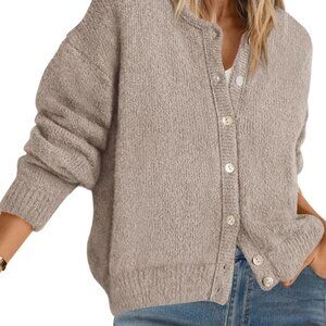 Long Sleeve Chunky Cardigan Open Front Button Down Crewneck Sweater